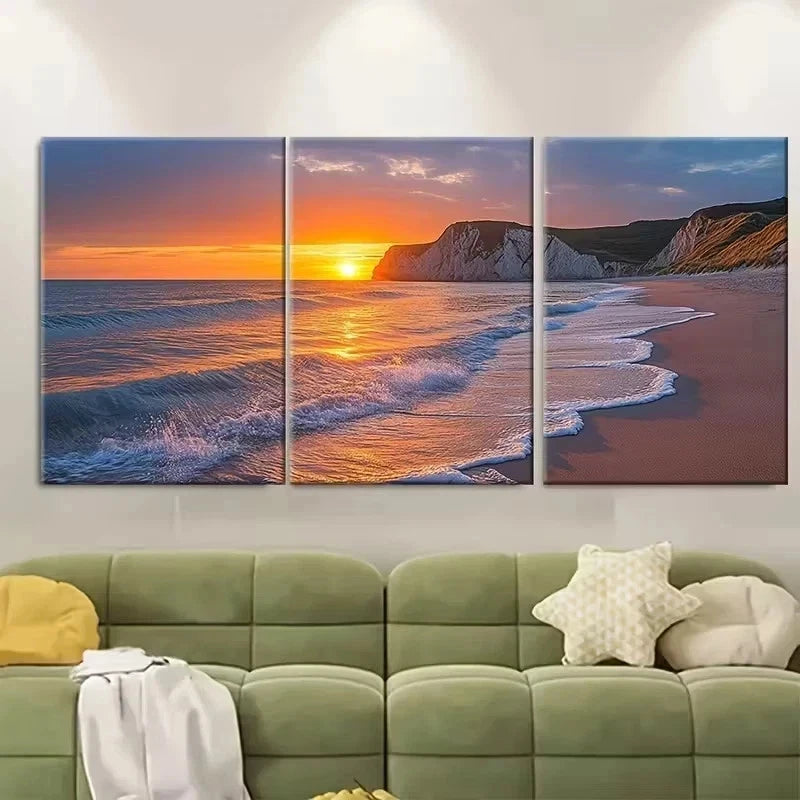 3pcs Sunset at Hengistbury Head Beach Wall Art Set Canvas Framed 40x60cm - High Quality Print 100% Australian Made Wall Canvas Ready to Hang - Bella Home Decor