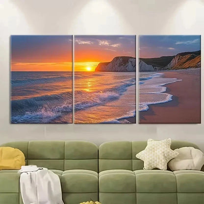 3pcs Sunset at Hengistbury Head Beach Wall Art Set Canvas Framed 40x60cm - High Quality Print 100% Australian Made Wall Canvas Ready to Hang - Bella Home Decor