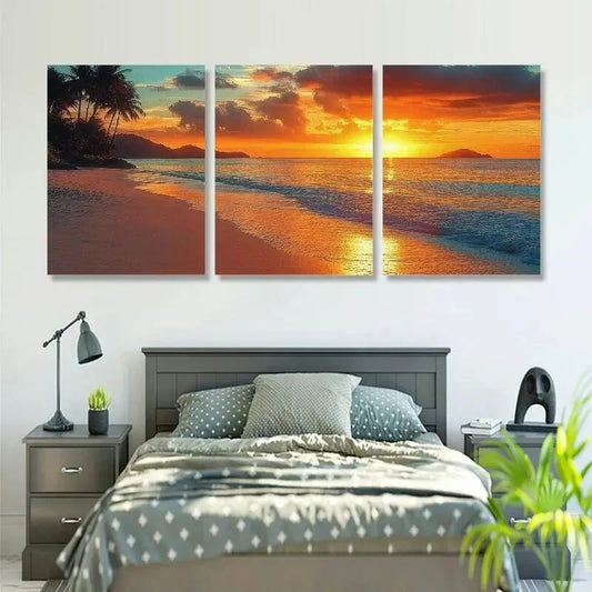 3pcs Classic Palm Tree Beach Sunset Wall Art Set Canvas Framed 50x70cm - High Quality Print 100% Australian Made Wall Canvas Ready to Hang