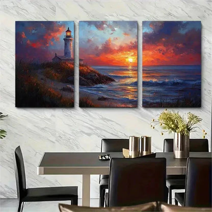 3pcs Lighthouse Sunset Beach Ocean Wall Art Canvas Unframed - High Quality Print 100% Australian Made Wall Canvas