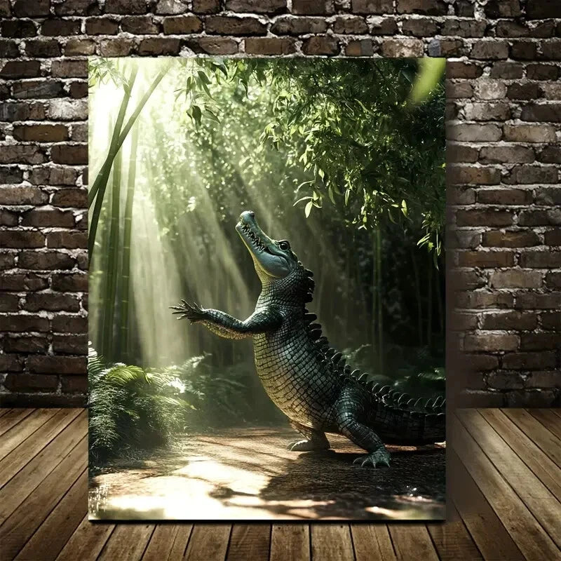 Crocodile Dancing in Bamboo Grove Scene Painting 40x60cm Metal Print Ready to Hang - Bella Home Decor