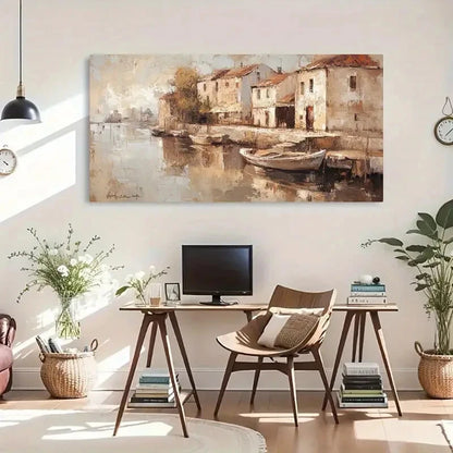 Serene River & Boats Vintage Wall Art Canvas Office Home Room Framed 120x60cm - Bella Home Decor