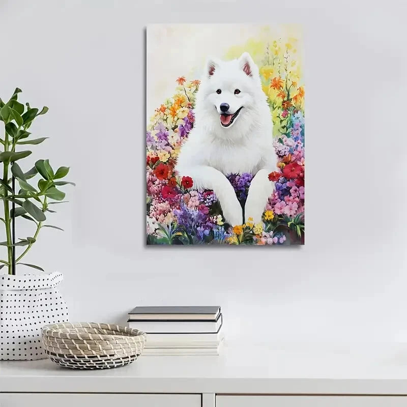 Cute Samoyed Dog with Vibrant Flowers Painting 40x60cm Metal Print Ready to Hang - Bella Home Decor
