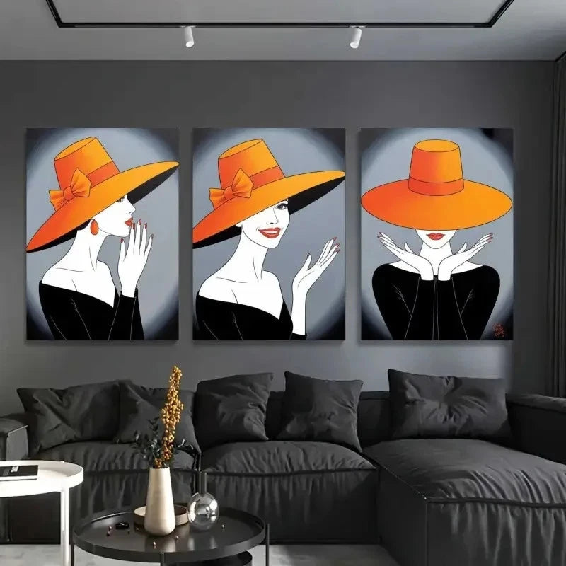 3pcs Orange Hat, Red Lips Decoration  Wall Art Set Canvas Framed 40x60cm - High Quality Print 100% Australian Made Wall Canvas Ready to Hang