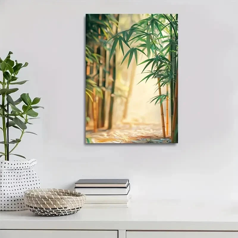 Serene Bamboo Forest Scene with Sunlit Bamboo Stalks 40x60cm Metal Print Ready to Hang - Bella Home Decor