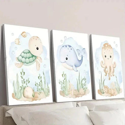 3pcs Undersea Nursery Turtle Whale & Octopus Wall Art Canvas Unframed - High Quality Print 100% Australian Made Wall Canvas