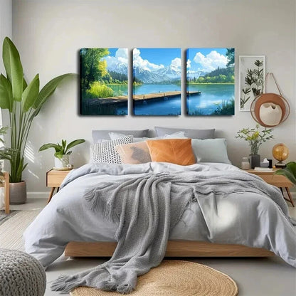 3pcs Serene Lake with Wooden Trestle Perfect Wall Art Set Canvas Framed 40x60cm - High Quality Print 100% Australian Made Wall Canvas Ready to Hang - Bella Home Decor
