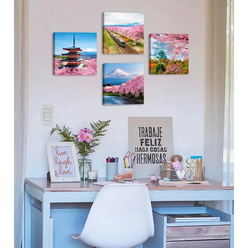 4pcs Japanese Cherry Blossom Wall Art Canvas Framed