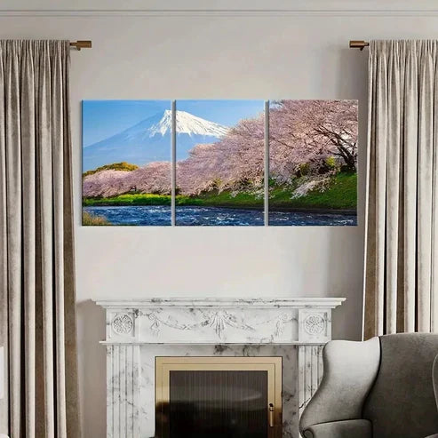 3pcs Mount Fuji & Cherry Blossom Tree Landscape Wall Art Canvas Unframed - High Quality Print 100% Australian Made Wall Canvas