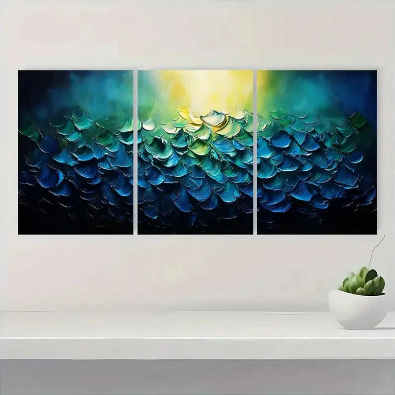 3pcs Abstract Blue & Green Textured ho Wall Art Set Canvas Framed 60x90cm - High Quality Print 100% Australian Made Wall Canvas Ready to Hang - Bella Home Decor