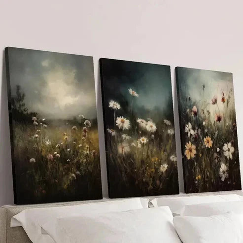 3pcs Dark Background & Floral Landscape Wall Art Set Canvas Unframed - High Quality Print 100% Australian Made Wall Canvas - Bella Home Decor