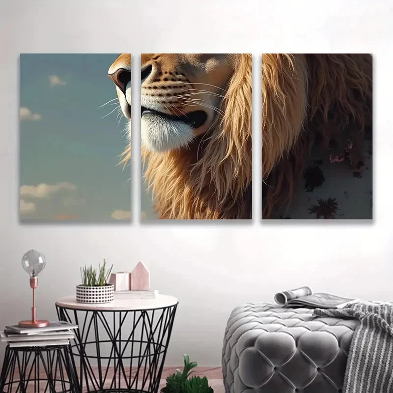 3pcs Majestic Lion Head in Sunset Hues Wall Art Set Canvas Framed 40x60cm - High Quality Print 100% Australian Made Wall Canvas Ready to Hang