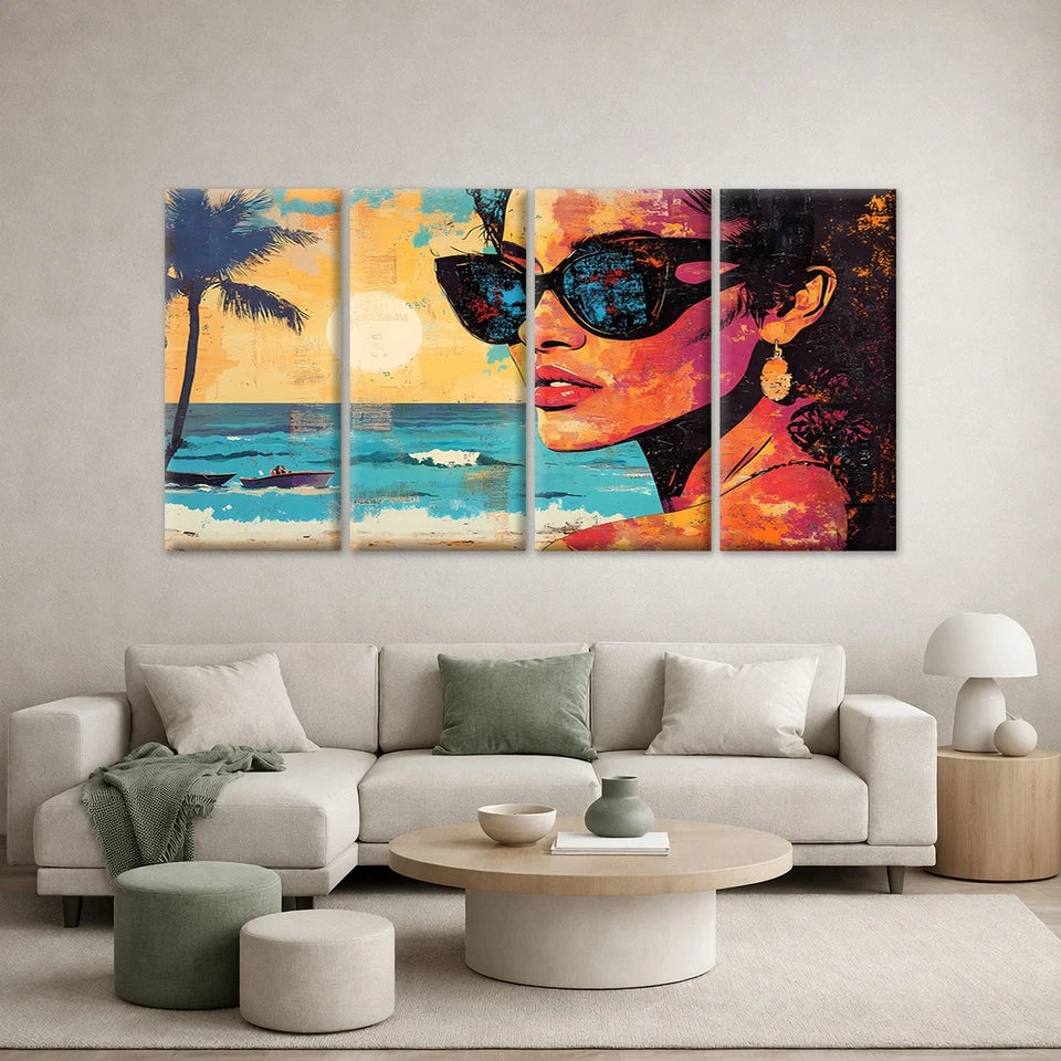 4pcs Vibrant Pop Art Woman in Sunglasses Wall Art Canvas Framed 45x80cm - High Quality Print 100% Australian Made Wall Canvas Ready to Hang