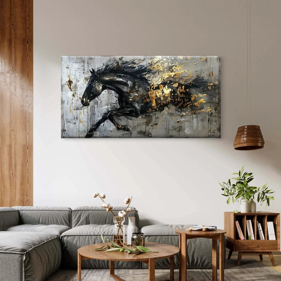 The Golden Charge Horse Wall Art Canvas Office Home Room Framed 120x60cm