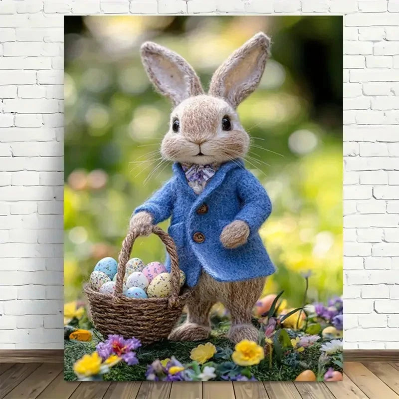 Beautiful Spring Bunny In Blue Coat Painting 40x60cm Metal Print Ready to Hang - Bella Home Decor