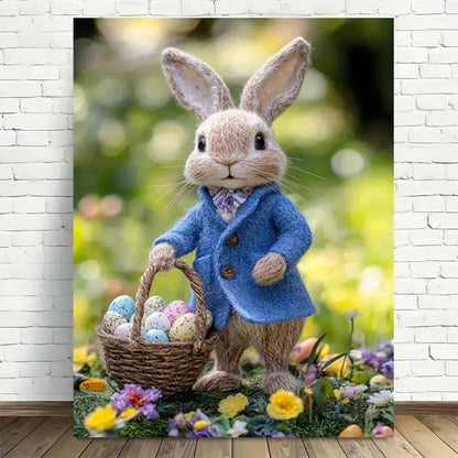 Beautiful Spring Bunny In Blue Coat Painting 40x60cm Metal Print Ready to Hang - Bella Home Decor