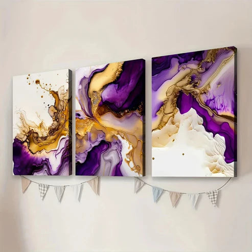 3pcs Purple Modern Abstract Modern Art Golden Art Set Canvas Unframed - High Quality Print 100% Australian Made Wall Canvas