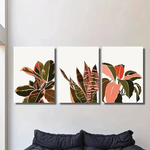 3pcs Tropical Natural Pink & Green Leaves Wall Art Canvas Unframed - High Quality Print 100% Australian Made Wall Canvas