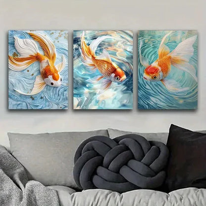 3pcs Set Golden Koi Fish Colorful Orange Perfect Wall Wall Art Set Canvas Unframed - High Quality Print 100% Australian Made Wall Canvas