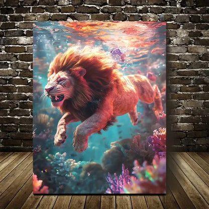 Vibrant Underwater Scene Joyful Lion in Coral Painting 40x60cm Metal Print Ready to Hang - Bella Home Decor