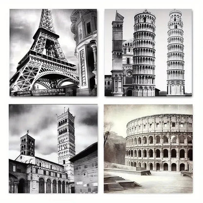4pcsVintage Black And White European Landmark Wall Art Canvas Framed