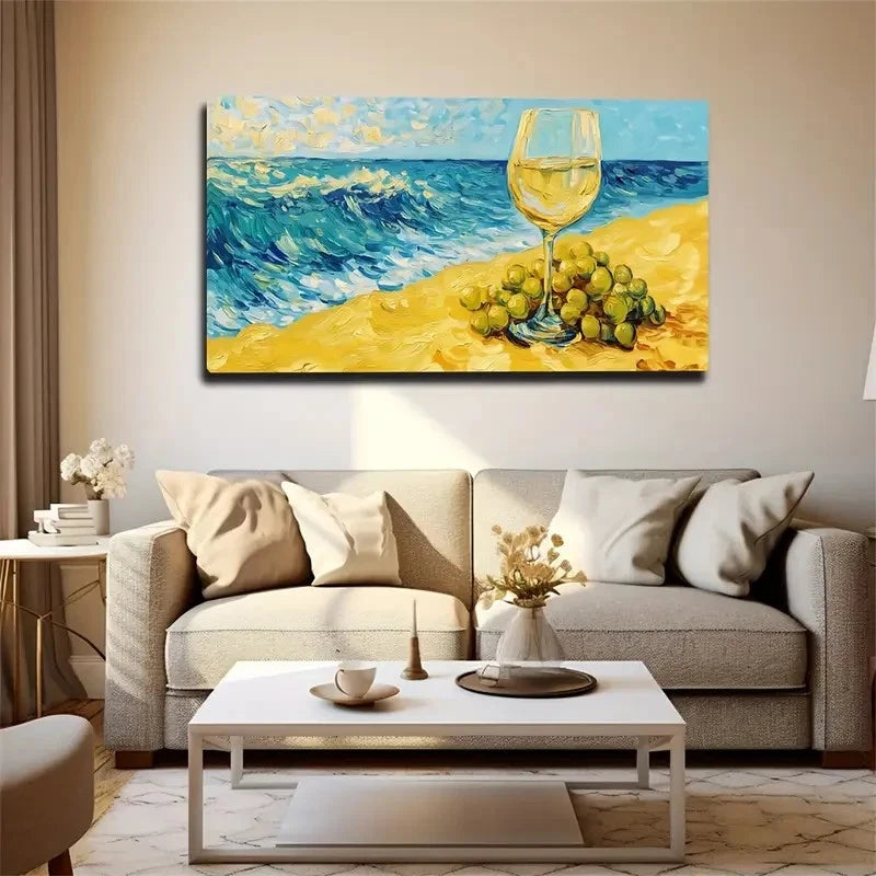 Modern Beach Scene Grapes Wall Art Canvas Office Home Room Framed 120x60cm
