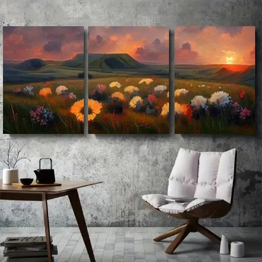3pcs Sunset Wildflower Meadow Wall Art Set Canvas Framed 60x90cm - High Quality Print 100% Australian Made Wall Canvas Ready to Hang
