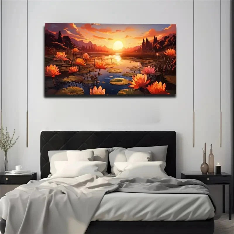 Realistic Sunset & For Lotus Wall Art Canvas Office Home Room Framed 120x60cm