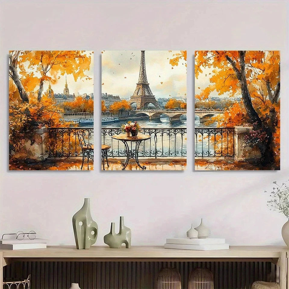 3pcs Eiffel Tower Watercolor Balcony Paris Metal Print Ready to Hang Art - Bella Home Decor