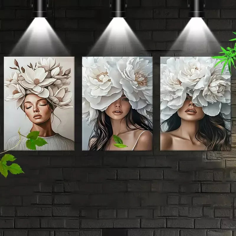3pcs Cute Women with Flowers headdress Wall Art Set Canvas Framed 50x70cm - High Quality Print 100% Australian Made Wall Canvas Ready to Hang
