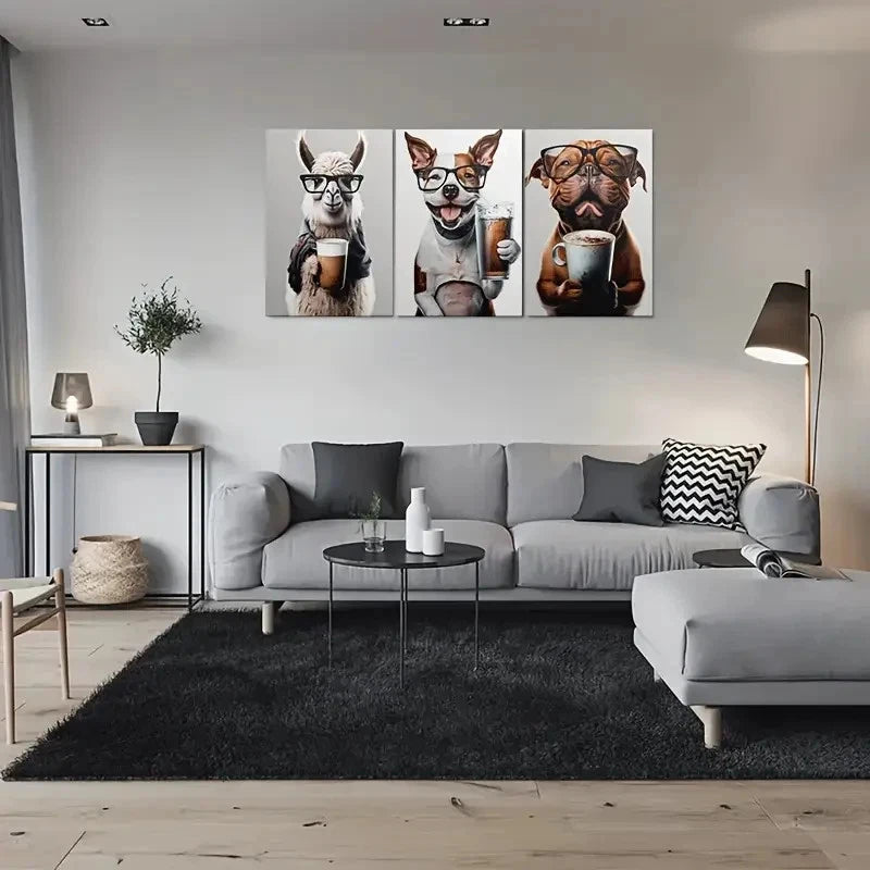 3pcs Adorable Animal Dog with Glasses and Bulldog Metal Print Ready to Hang Art - Bella Home Decor