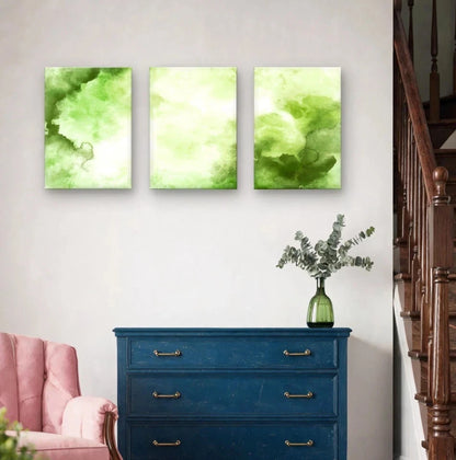 3pcs Vibrant Green Watercolour Wash Wall Art Set Canvas Framed 60x90cm - High Quality Print 100% Australian Made Wall Canvas Ready to Hang
