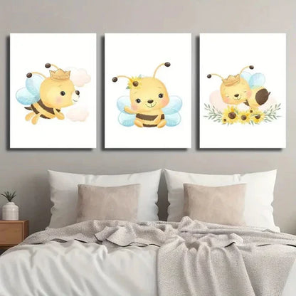 3pcs Cartoon Bees Flowers & Butterflies  Wall Art Set Canvas Unframed - High Quality Print 100% Australian Made Wall Canvas - Bella Home Decor