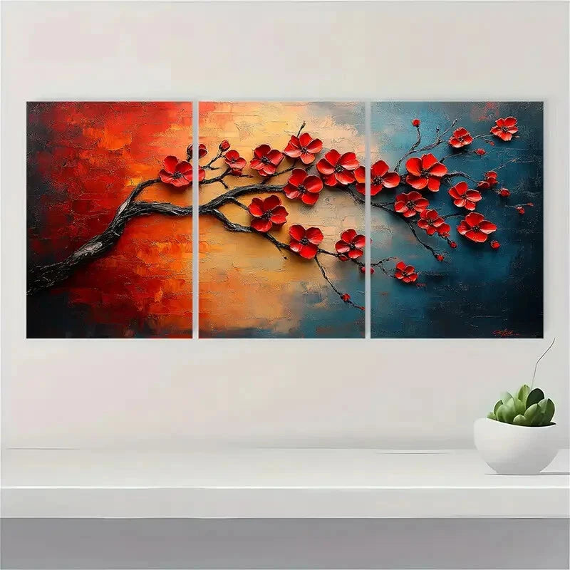 3pcs Modern Abstract Red Cherry Blossom Metal Print Ready to Hang Art - Bella Home Decor