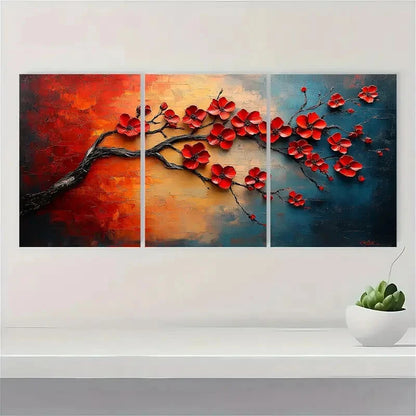 3pcs Modern Abstract Red Cherry Blossom Metal Print Ready to Hang Art - Bella Home Decor