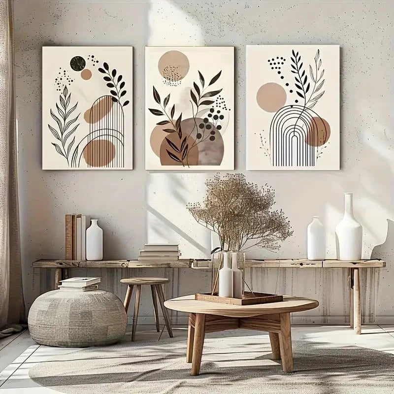 3pcs Bohemian Style Line Art Plant Print Metal Print Ready to Hang Art