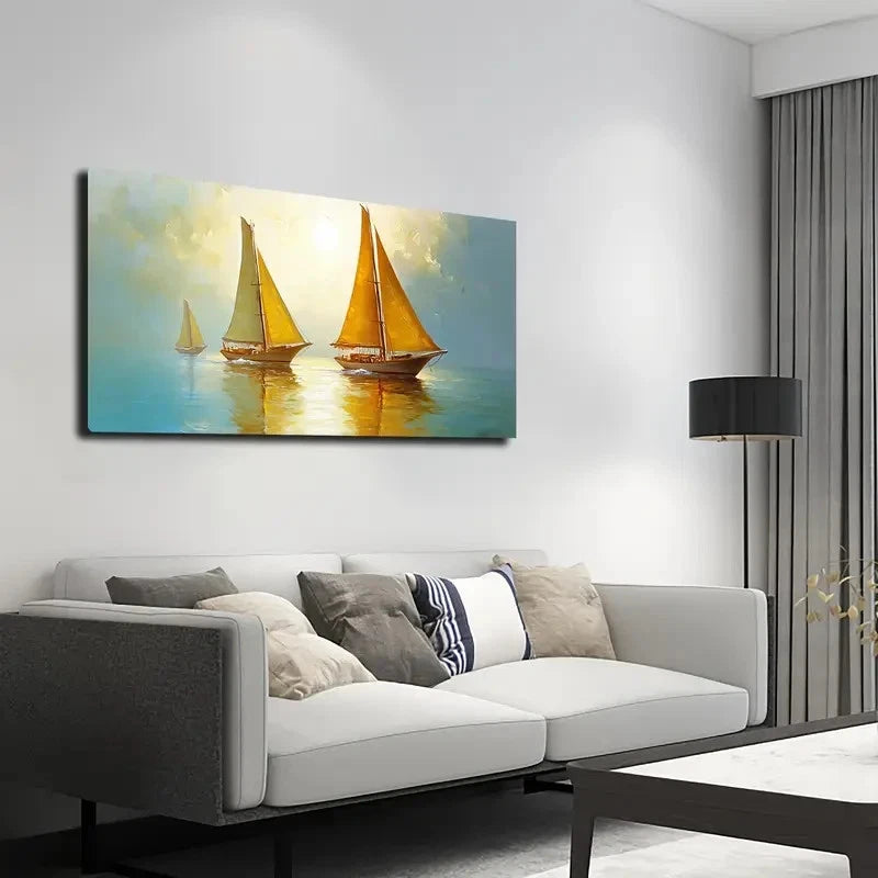 Sailboats At Sunset Wall Art canvas office home room framed 120x60cm - Bella Home Decor