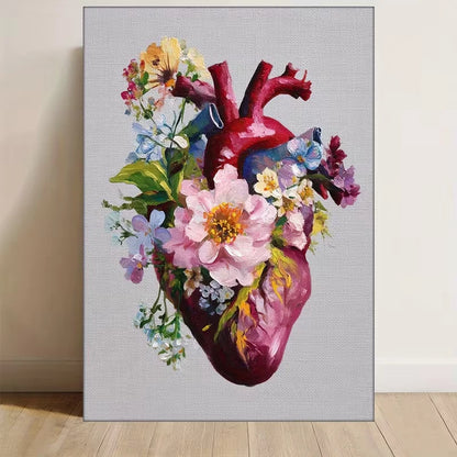 Heart with Flowers, Anatomy Art Metal Print Ready to Hang