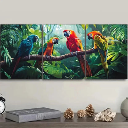 3pcs Colorful Macaws Perched in Tropical Jungle Wall Art Set Canvas Framed 50x70cm - High Quality Print 100% Australian Made Wall Canvas Ready to Hang - Bella Home Decor