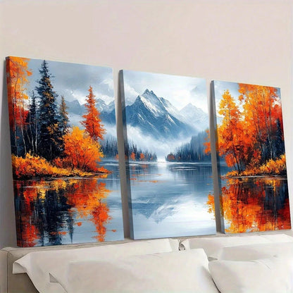 3pcs Autumn Lake Vibrant Fall Foliage & Mountain Wall Art Set Canvas Framed 60x90cm - High Quality Print 100% Australian Made Wall Canvas Ready to Hang - Bella Home Decor