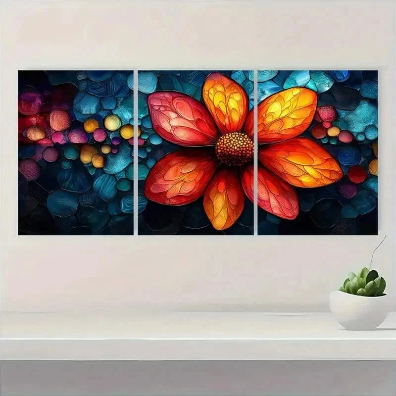 3pcs Vibrant Stained Glass Style Flower l Wall Art Set Canvas Framed 60x90cm - High Quality Print 100% Australian Made Wall Canvas Ready to Hang