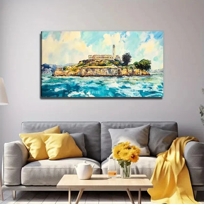 Vibrant Island House Lighthouse Wall Art Canvas Office Home Room Framed 120x60cm