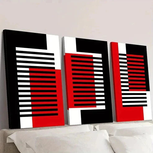 3pcs Abstract Geometric Black White Red Line Wall Art Set Canvas Unframed - High Quality Print 100% Australian Made Wall Canvas - Bella Home Decor