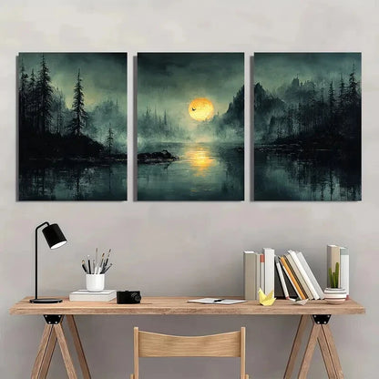 3pcs Abstract Nature Paintings Moonlit Landscape Metal Print Ready to Hang Art