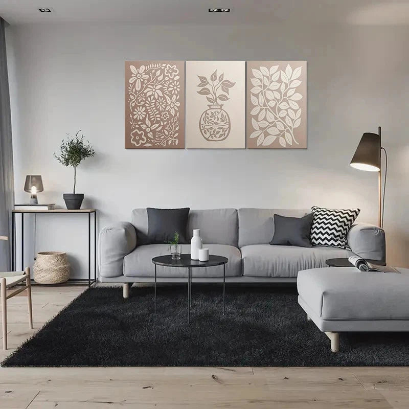 3pcs Abstract Floral Beige White Metal Print Ready to Hang Art - Bella Home Decor