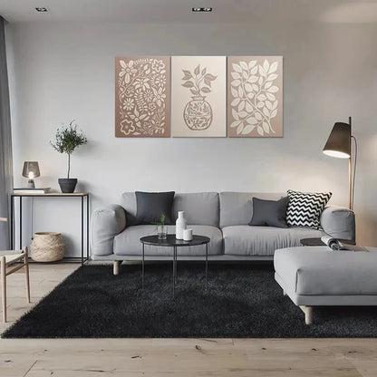 3pcs Abstract Floral Beige White Metal Print Ready to Hang Art - Bella Home Decor