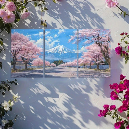 3pcs Cherry Blossom and Mount Fuji Scenery Metal Print Ready to Hang Art