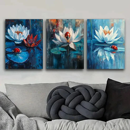 3pcs Ladybugs on Water Lilies Nature Perfect Wall Art Set Canvas Unframed - High Quality Print 100% Australian Made Wall Canvas