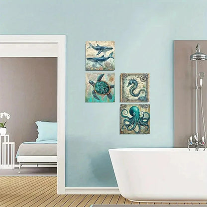 4pcs Teal Ocean Animal Marine Life Wall Art Canvas Framed