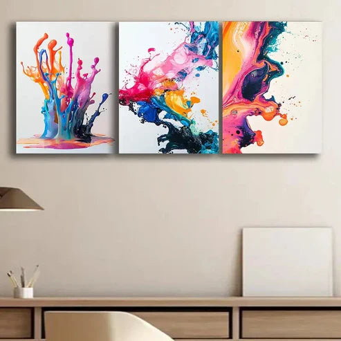 3pcs Colorful Splashes of Paint Design Perfect Wall Art Set Canvas Unframed - High Quality Print 100% Australian Made Wall Canvas - Bella Home Decor